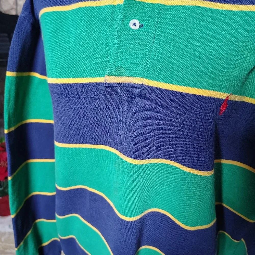Vintage Ralph Lauren Striped Polo in Green, Blue, and Yellow Size XXL